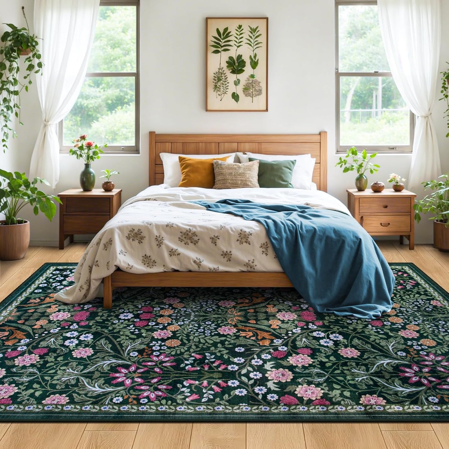 10x14 Area Rugs for Living Room: Floral Washable Rug Vintage Large Soft Boho Non-Slip Carpet Stain Resistant Low Pile Carpets for Bedroom Dining Room Farmhouse Nursery Hallway Home Office Dark Green