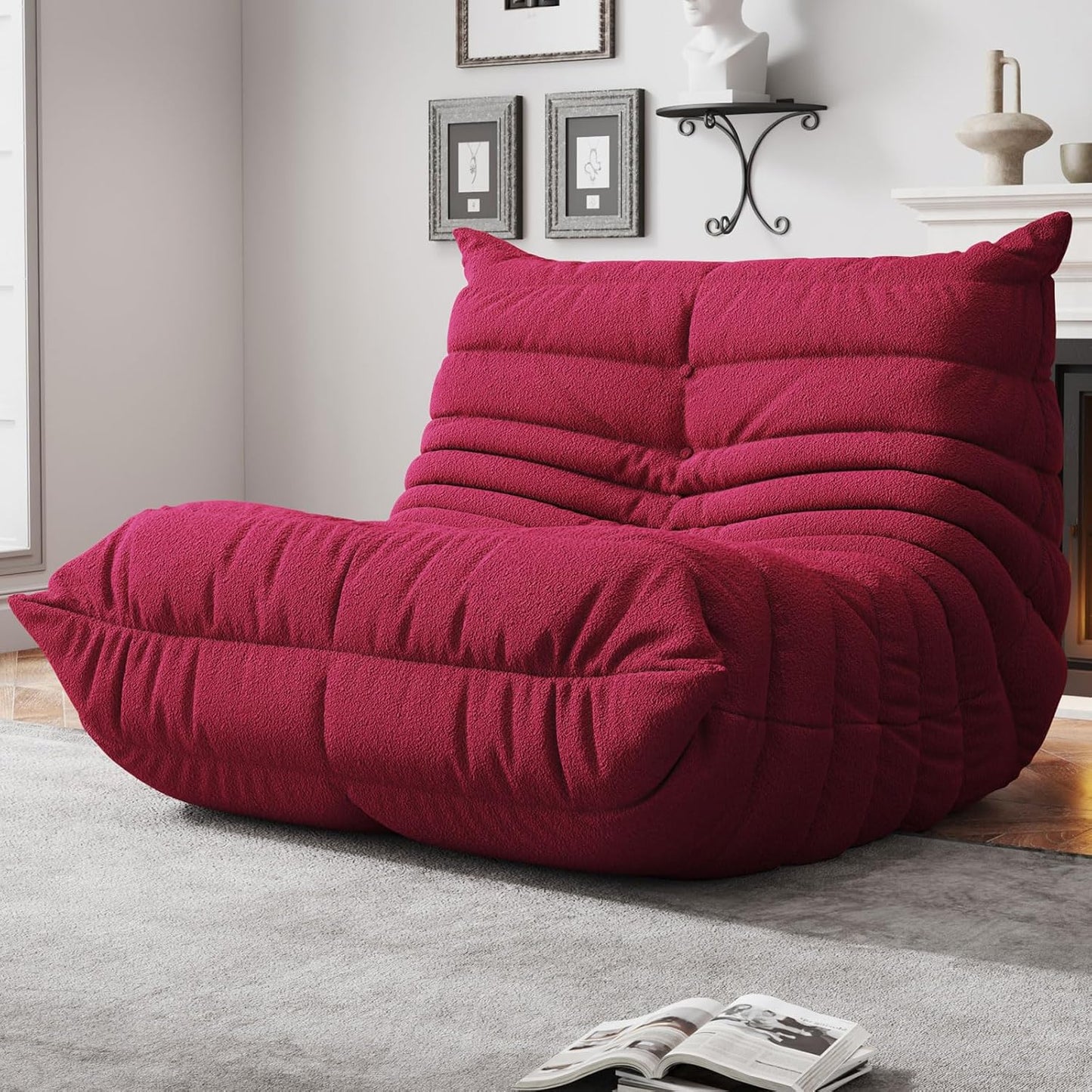Bean Bag Chairs for Adults, BeanBag Reading Chair Memory Foam Couch, Floor Chair Soft Teddy Material, Comfy Reading Nook Chairs for Bedroom Living Room Office (Wine Red)