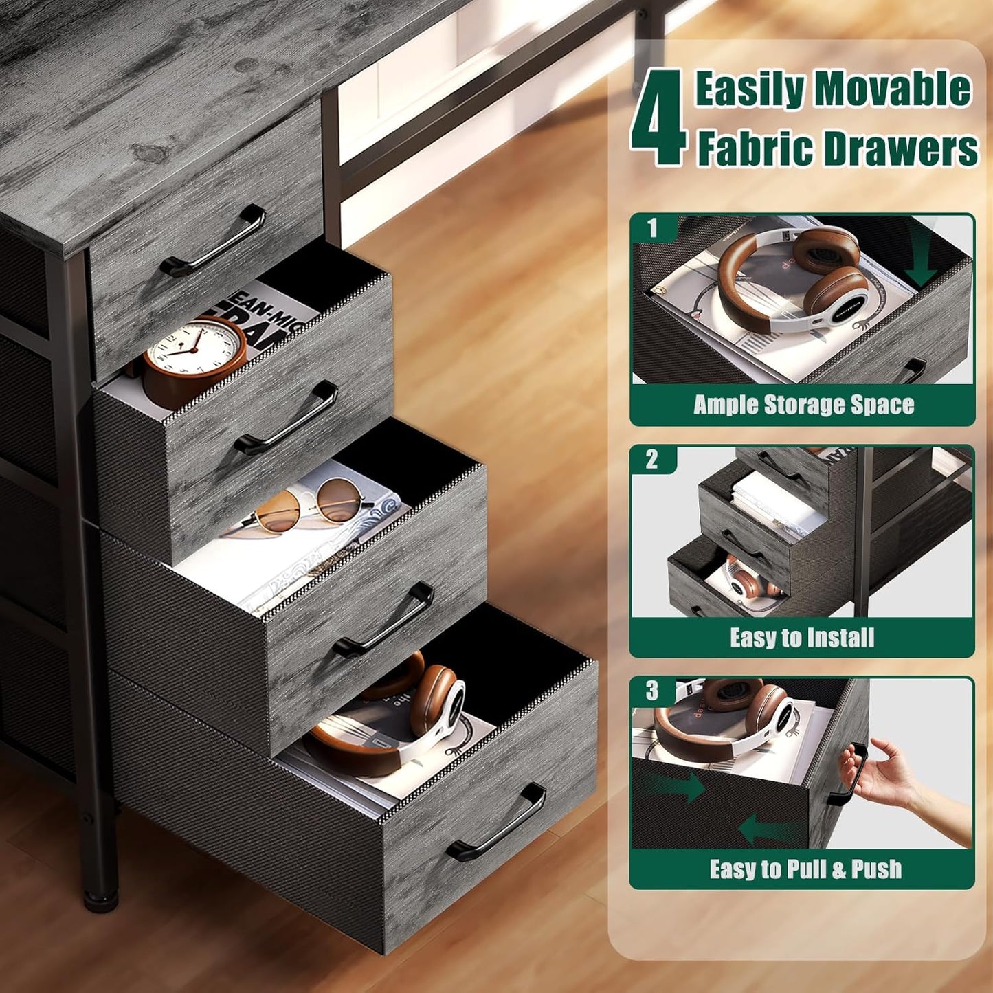 66" L Shaped Computer Desk, 94.4'' Home Office Desk with Power Outlets, 4 Adjustable Storage Drawers & 2 Monitor Stands, Large Two Person Gaming Table for Writing Study, Grey