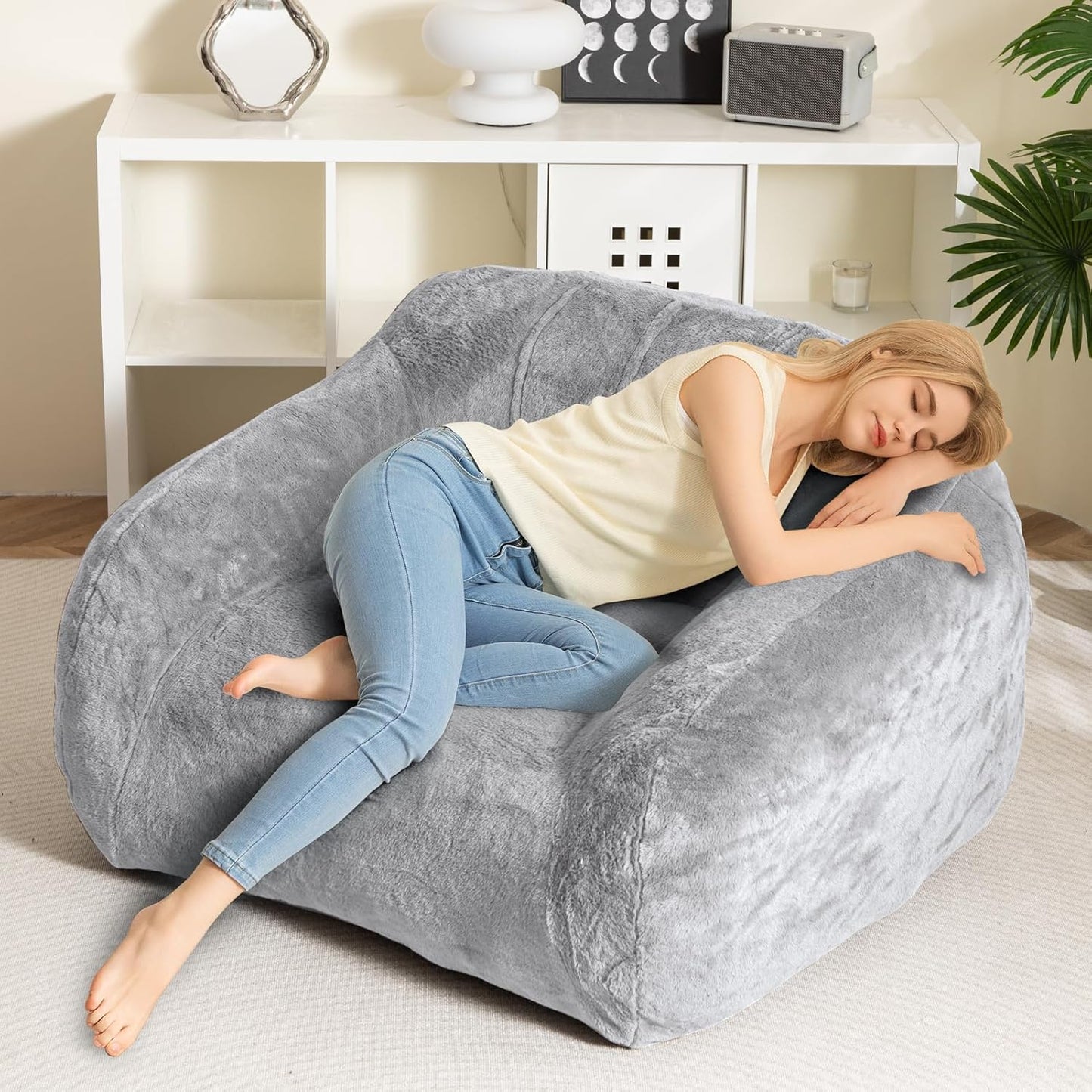 HIGOGOGO Giant Bean Bag Chair for Adults, Big Comfy Sofa Chair for Bedroom Living Room, Bean Bag Lazy Chair for Adults with Armrests for Gaming, Reading, Silver Grey