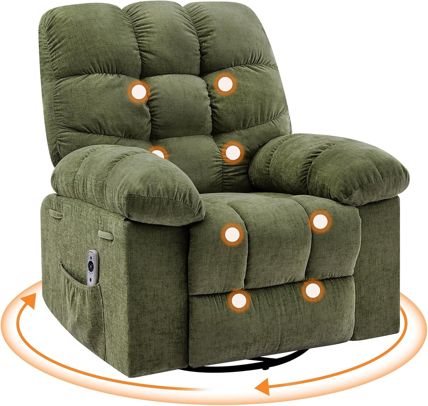 Rocking Recliner Chair with Vibration Massage & Heat, 360° Swivel Oversized Rocker Recliner with Side Pocket for Living Room, Bedroom & Nursery