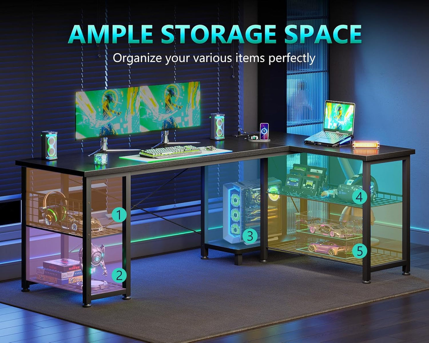 Casaottima 51 Inch L Shaped Gaming Desk with Shelves & Power Outlets, Reversible Computer Desk with Storage Shelves for Home Office, Black