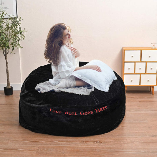 Beanbag Chair Cover for Adults Kids with Funny Words Embroidered Comfy Fluffy Round Beanbag Lazy Sofa Cover for Reading Chair Floor Chair, 3.5FT, Black