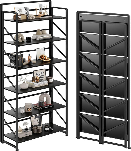 JSB No Assembly Folding Bookshelf, 6 Tier Industrial Metal Book Shelf for Storage, Vintage Wood Foldable Bookcase for Living Room, Bedroom, Office Organization Shelves