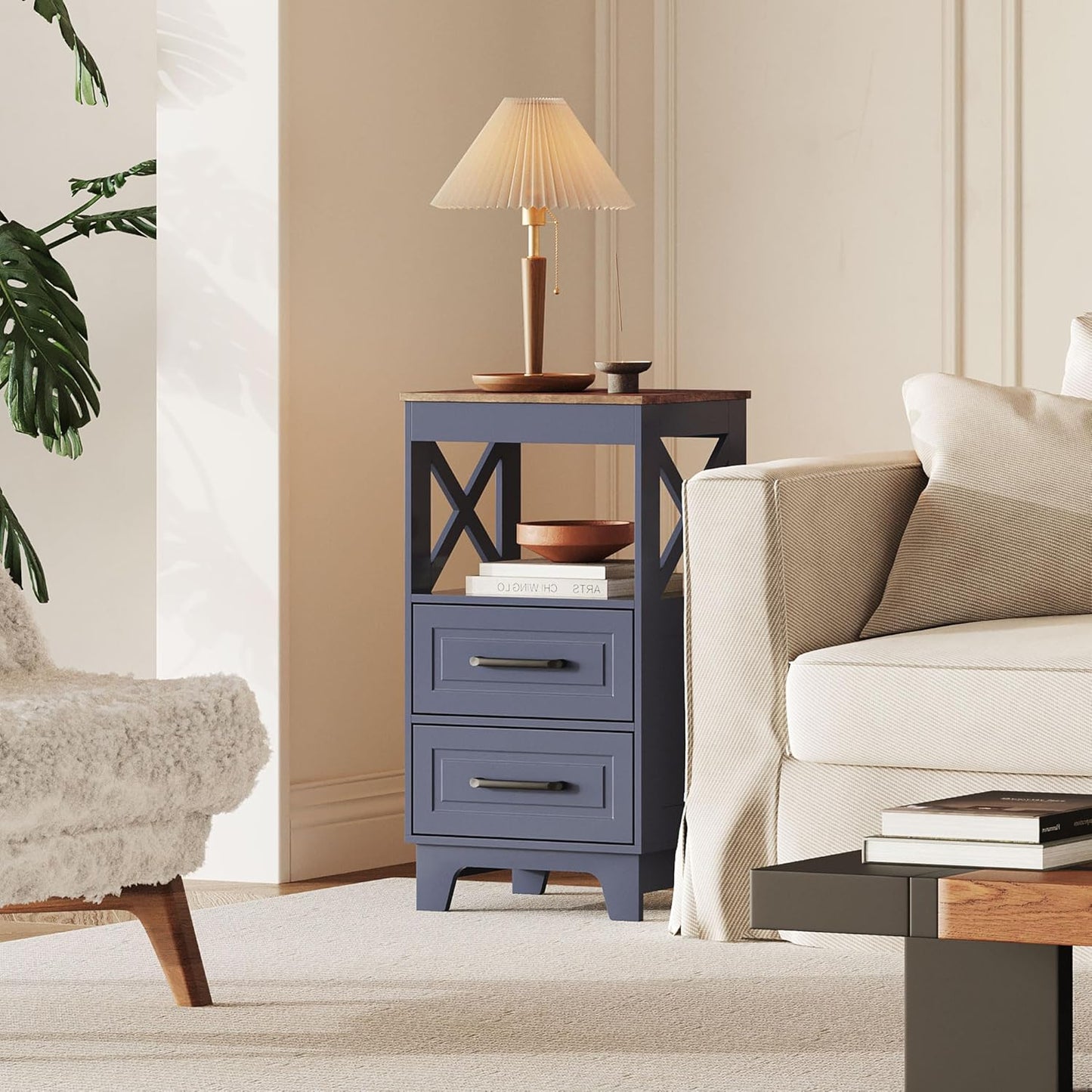 Tall Nightstand Set of 2 Side Table with 2 Drawers Modern Night Stand Wooden Rustic End Table Bedside Table with Upper Open Shelf Solid Feet for Bedroom, Living Room, Navy Blue+Walnut