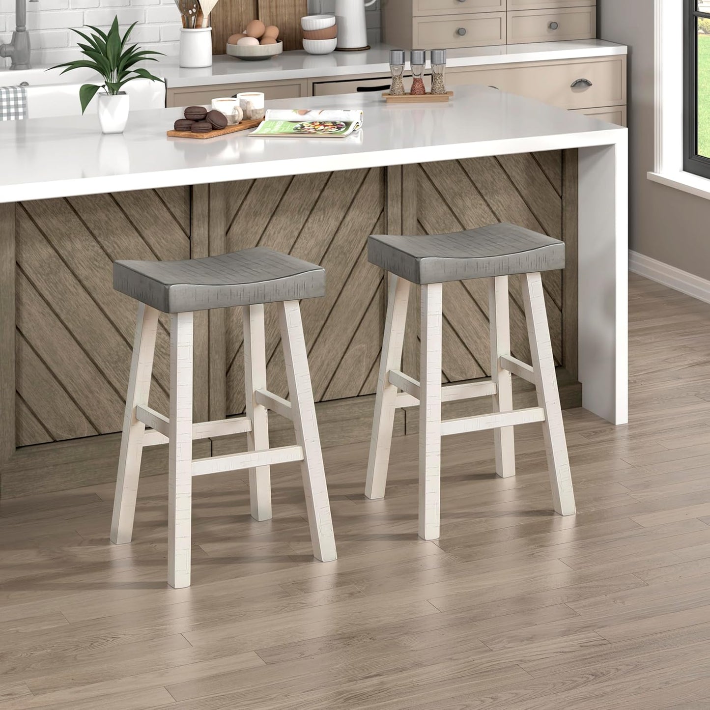 Lexicon Saddle Bar Stools Set of 2 Barstools with Footrest, Armless Dining Chairs for Kitchen Island, Breakfast Nook, Living Room, Pub Height, White/Coffee