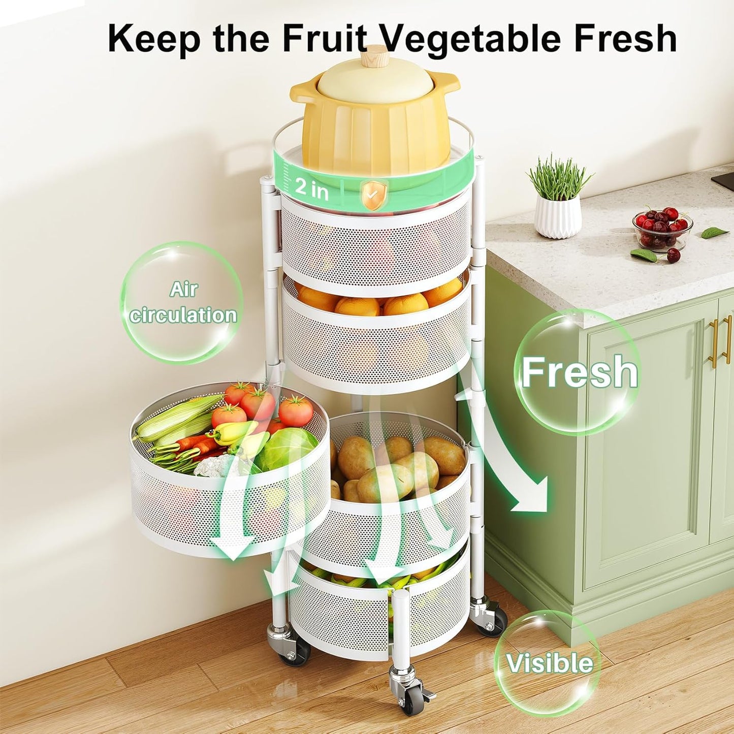 SAYZH Fruit Vegetable Basket for Kitchen, Rotating Storage Rack, 5 Tier Rolling Cart with top lid, Large Metal Wire Wheels (White)
