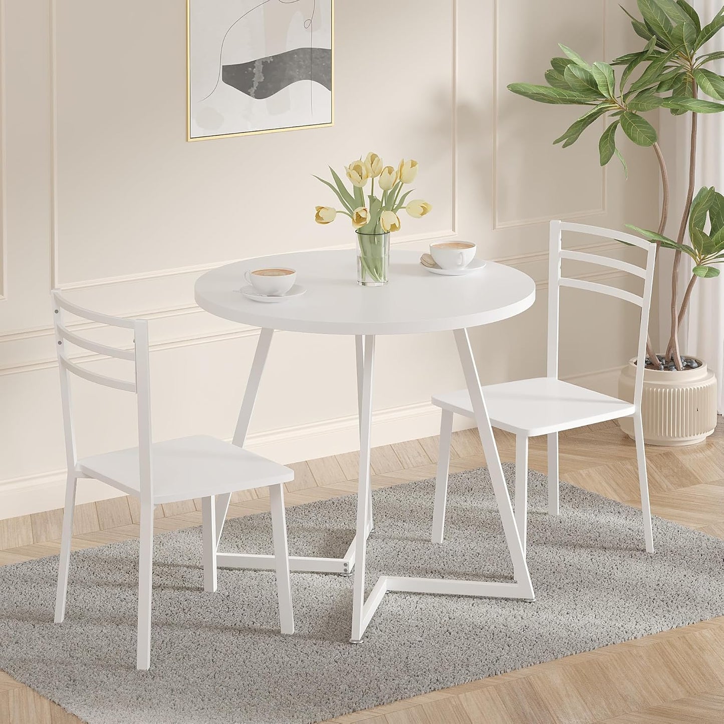 VECELO Small Round Dining Table Set for 2, Wood Tabletop with Strong Metal Frame, Modern Dinette with Chairs for Kitchen, Breakfast Nook Living Room, Pure White
