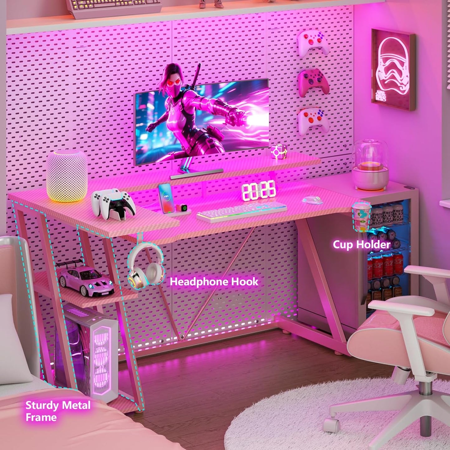 55 Inch Pink Gaming Desk with Power Outlet & LED Lights, Corner Computer Desk with 3 Tiers Storage Shelves, L Shaped Gaming Desk with Monitor Stand for Bedroom