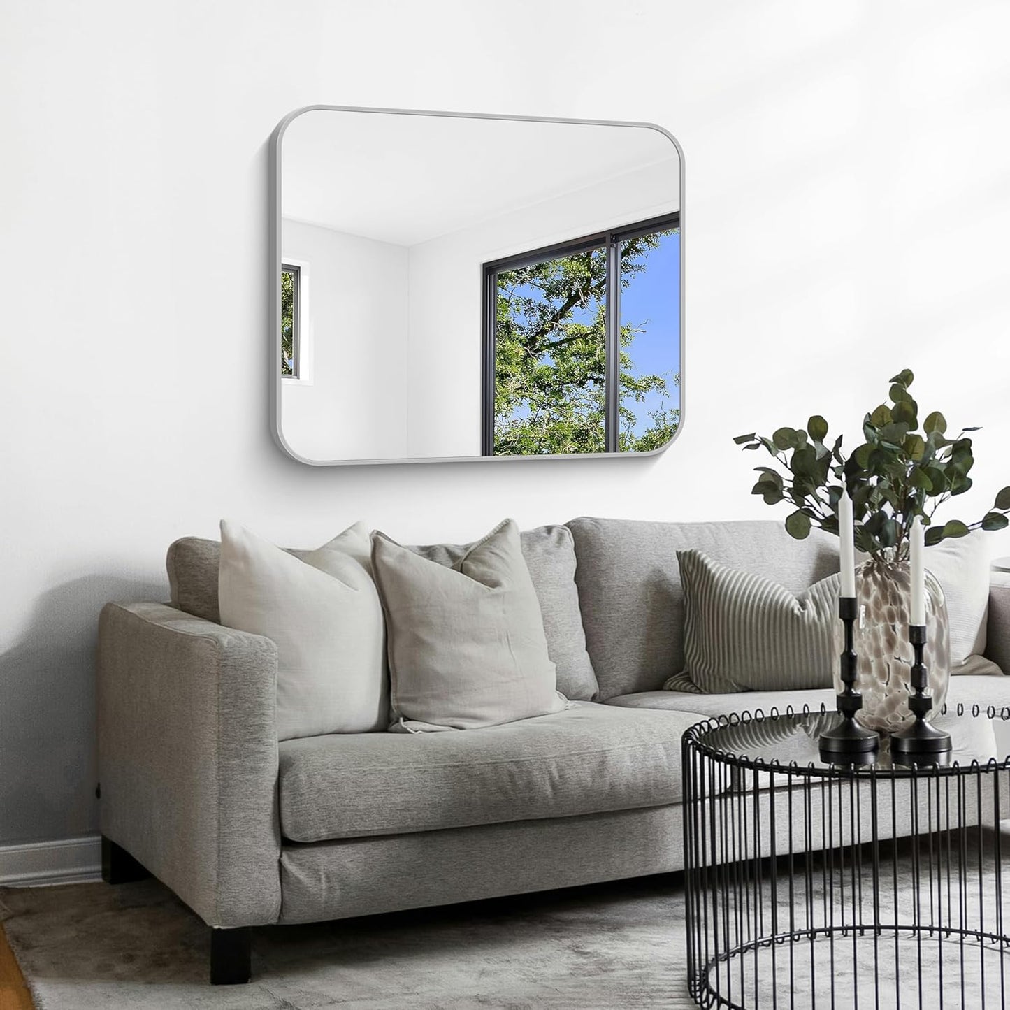 Silver Bathroom Mirror, 30 x 36 Inch Metal Framed Silver Rectangle Mirror, Rounded Corner Rectangular Vanity Mirror, Wall Mounted Mirror for Living Room Bedroom Entryway Horizontal/Vertical