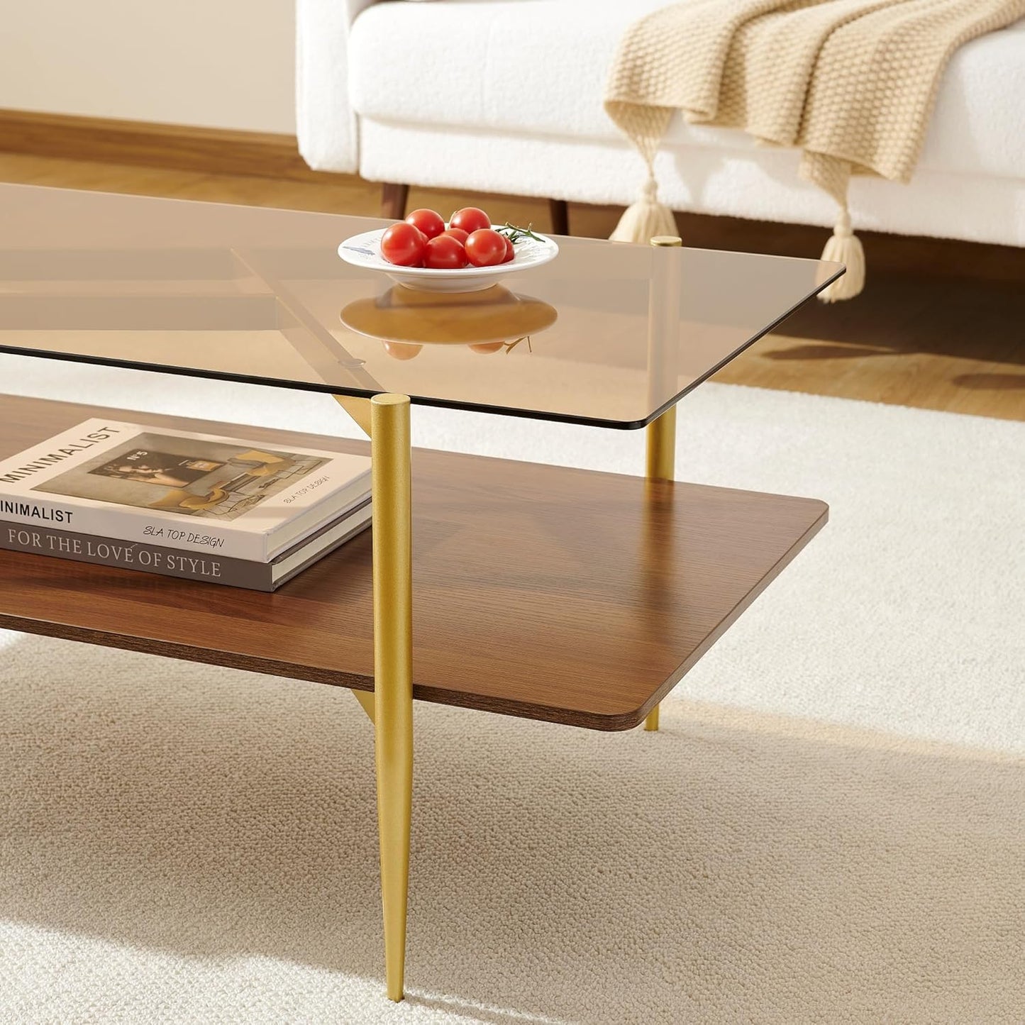 Rectangle Coffee Table, Mid-Century Modern Design, L41*W21*H17 inch, for Living Room, Amber Glass Top and Walnut Finish Wood Shelf, Conical Metal Legs with Gold Finish