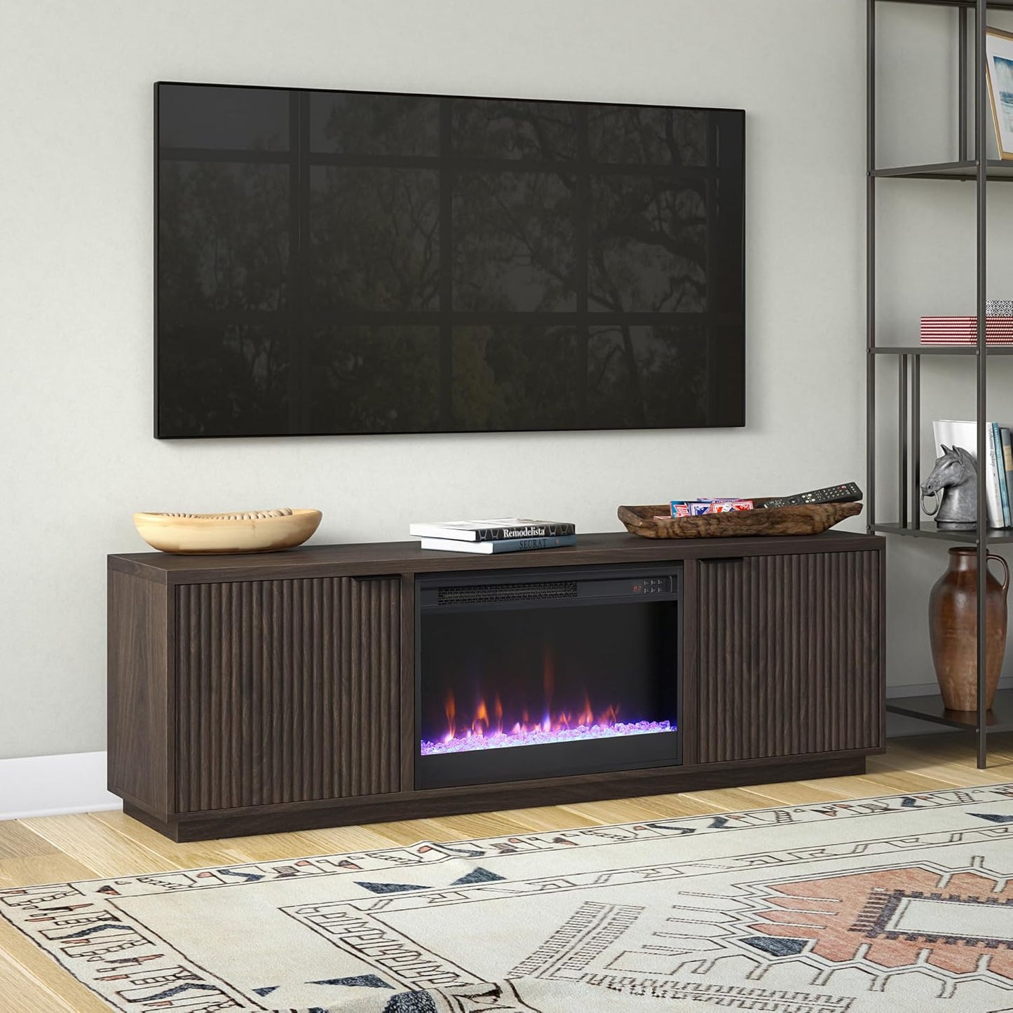 Henn&Hart Rectangular TV Stand with 26" Crystal Fireplace for TV's up to 78" in Alder Brown, for Home, Living Room, Bedroom, Entertainment Room, Office