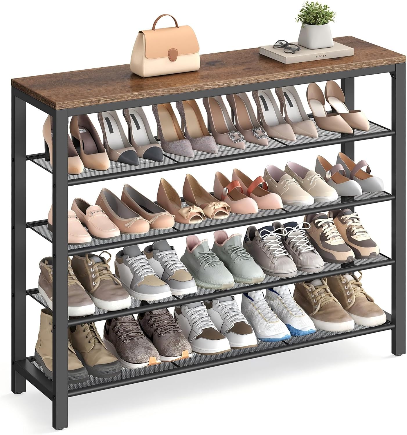 VASAGLE INDESTIC Shoe Rack, Shoe Organizer for Closet with 4 Mesh Shelves and Large Top for Bags, Entryway Hallway Shoe Shelf, Steel Frame, Industrial, Hazelnut Brown and Black ULBS015B03