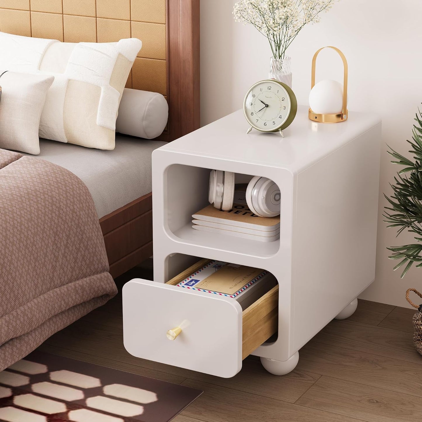 Solid Wood Nightstand, Narrow Night Stand with Drawers, White Mid Century Modern Nightstand, Small Beside Table with Open Storage Shelf for Bedroom (12 inch)