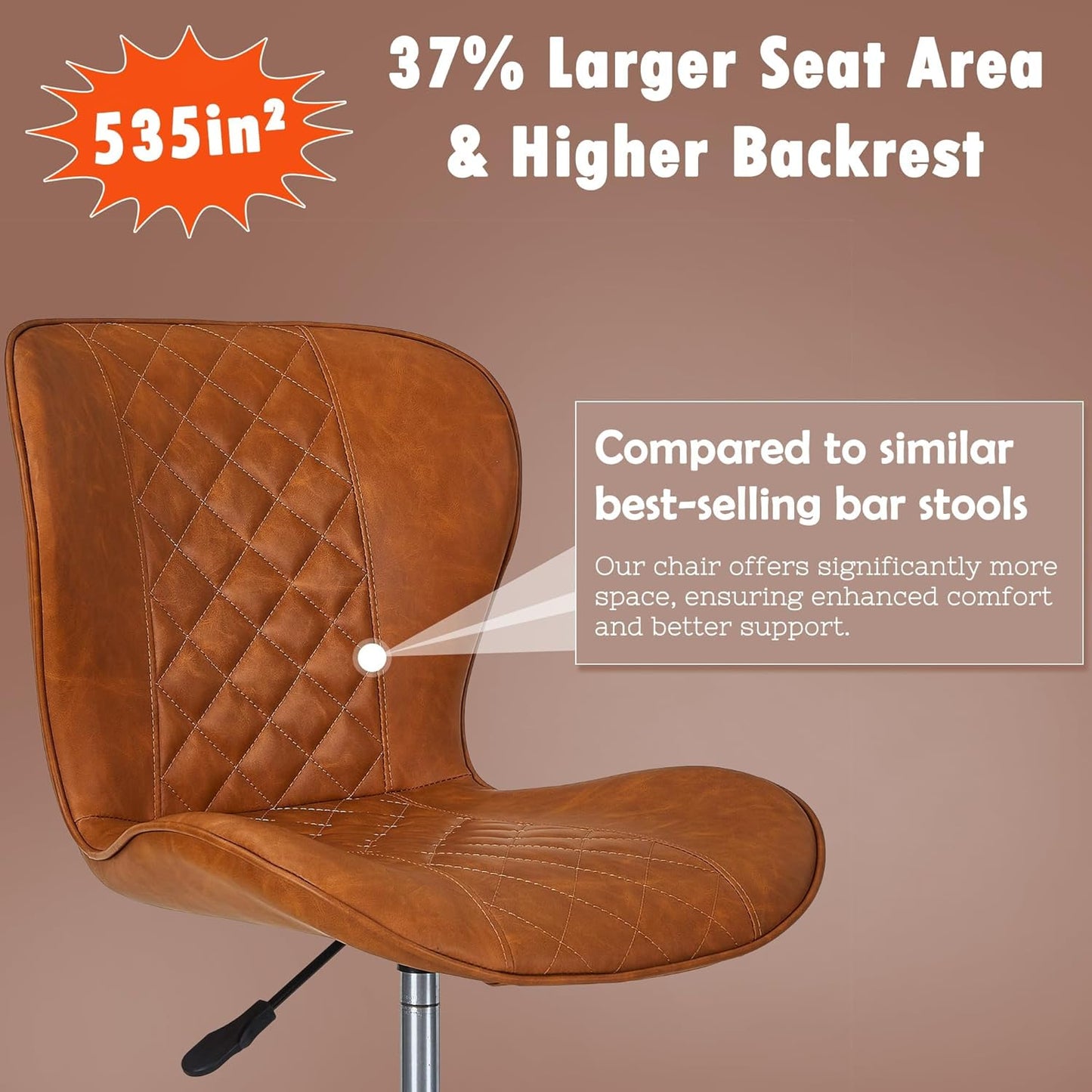 VECELO Quilted Bar Stools Set of 2, Adjustable Bar Height Swivel Bar Stools with Back, PU Leather with Stitching, Mid-Century Modern, 100% Virgin Cotton, 28~31" Tall, for Kitchen, Pub, Caramel Brown