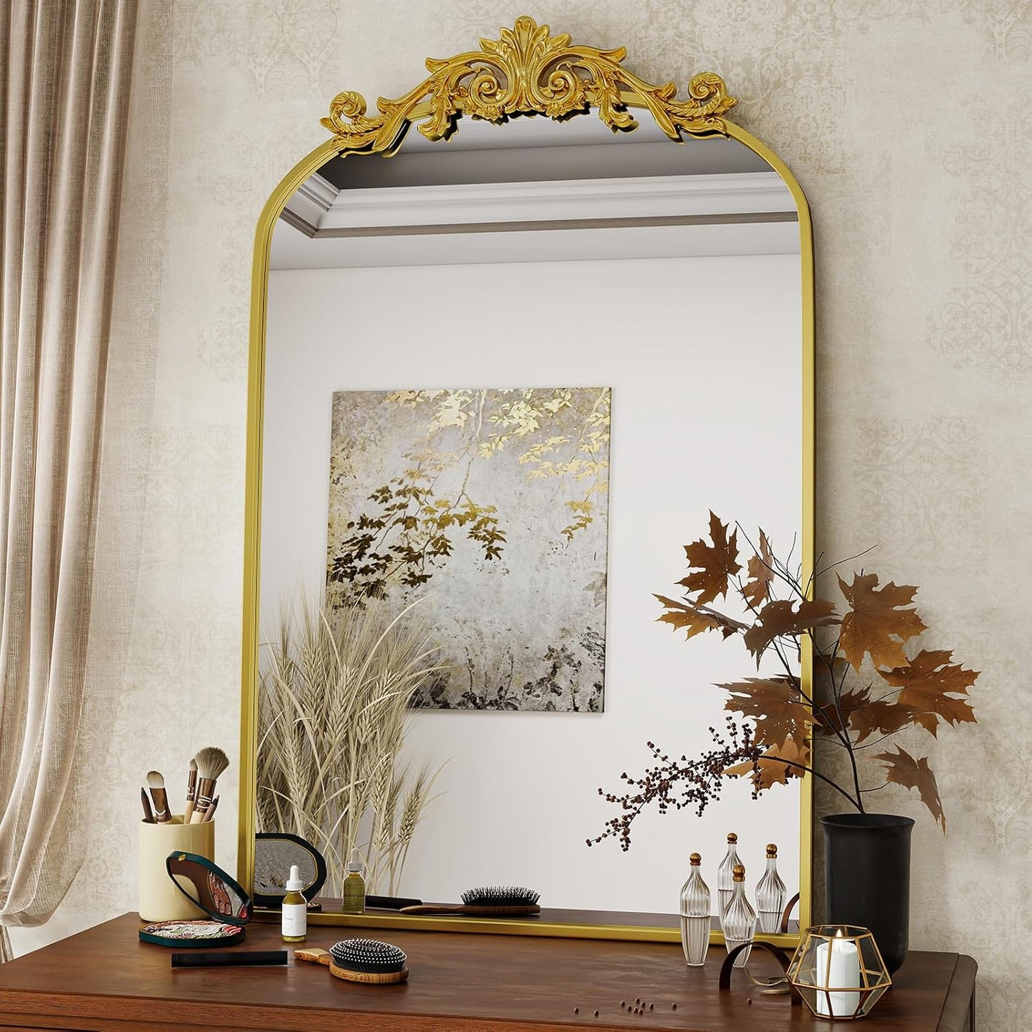 Vintage Arched Wall Mirror, 26x38 inch Retro Arch Bathroom Mirror, Carve Pattern Top Wall Mounted Vanity Mirror with Metal Frame, Bathroom Mirror Hanging or Leaning, Gold