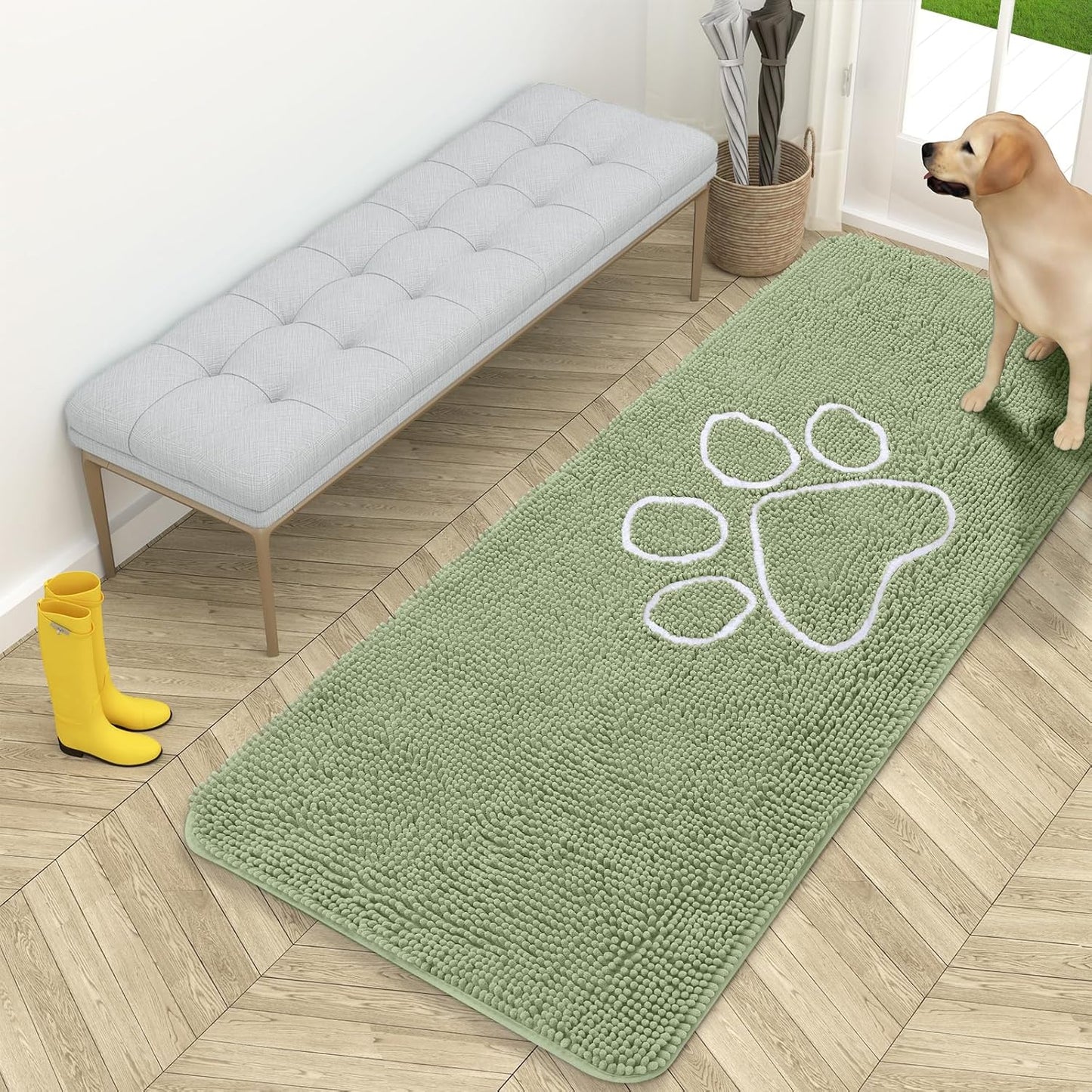 OLANLY Door Mat for Muddy Dog Paws 59x24, Ultra Absorbent Chenille Mud Doormat with Paw Print Design, Non-Slip Washable Doormat for Indoor Entryway, Quick-Dry Pet Bed Mats for Dirty Dogs, Sage Green