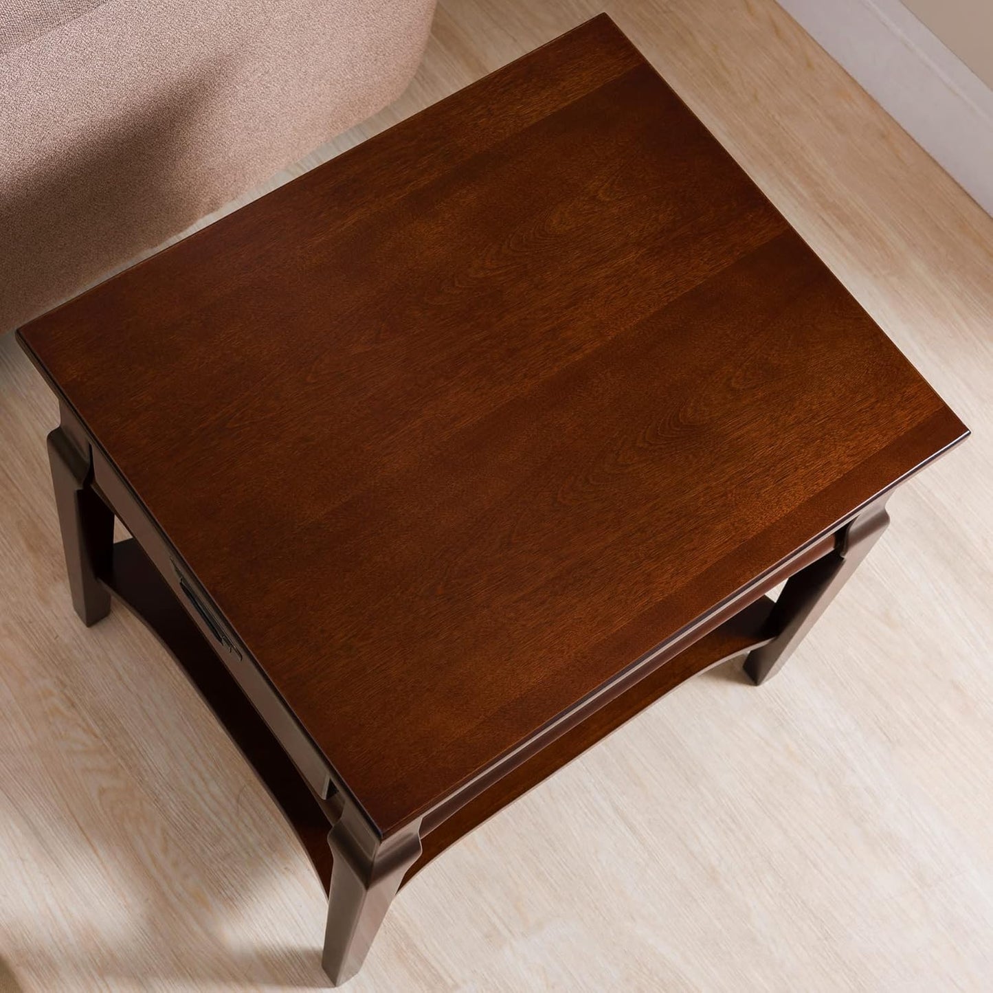 Leick Home Stratus End Table, 1 Drawer, Display Shelf, Solid Wood, 30 in x 12 in x 28 in, Heartwood Cherry, 22007
