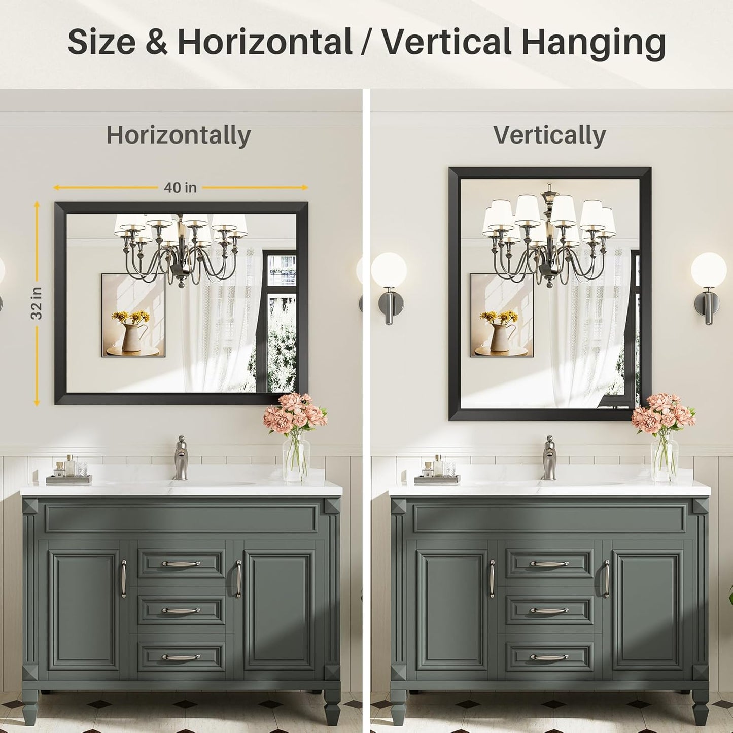 40x32 Inch Black Bathroom Mirror for Wall, Thick Metal Framed Rectangle Mirrors for Over Sink, Bedroom, Living Room, Entryway, Anti-Rust, HD Tempered Glass