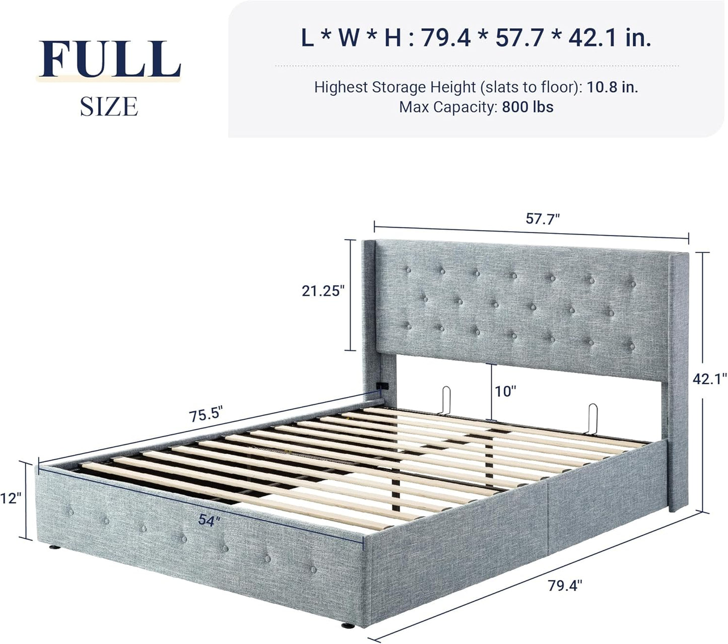 Allewie Full Size Lift Up Storage Bed, Button Tufted Headboard with Wingback, Hydraulic Support, No Box Spring Needed, Grey Blue