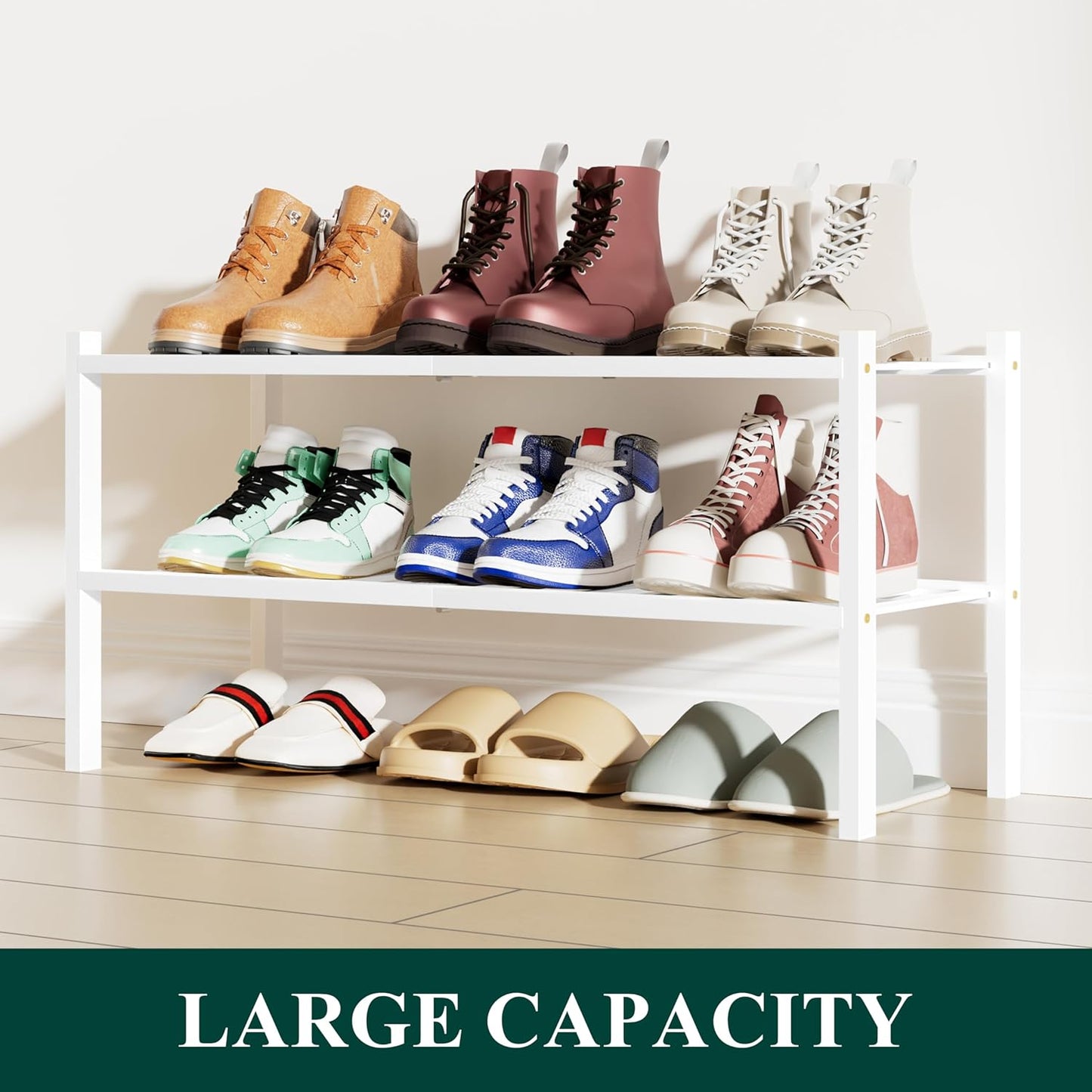 Smiry Shoe Rack, 2 Tier Bamboo Shoe Organizer, Stackable Free Standing Wooden Shoe Storage Shelf for Closet, Entryway, Front Door Entrance, White