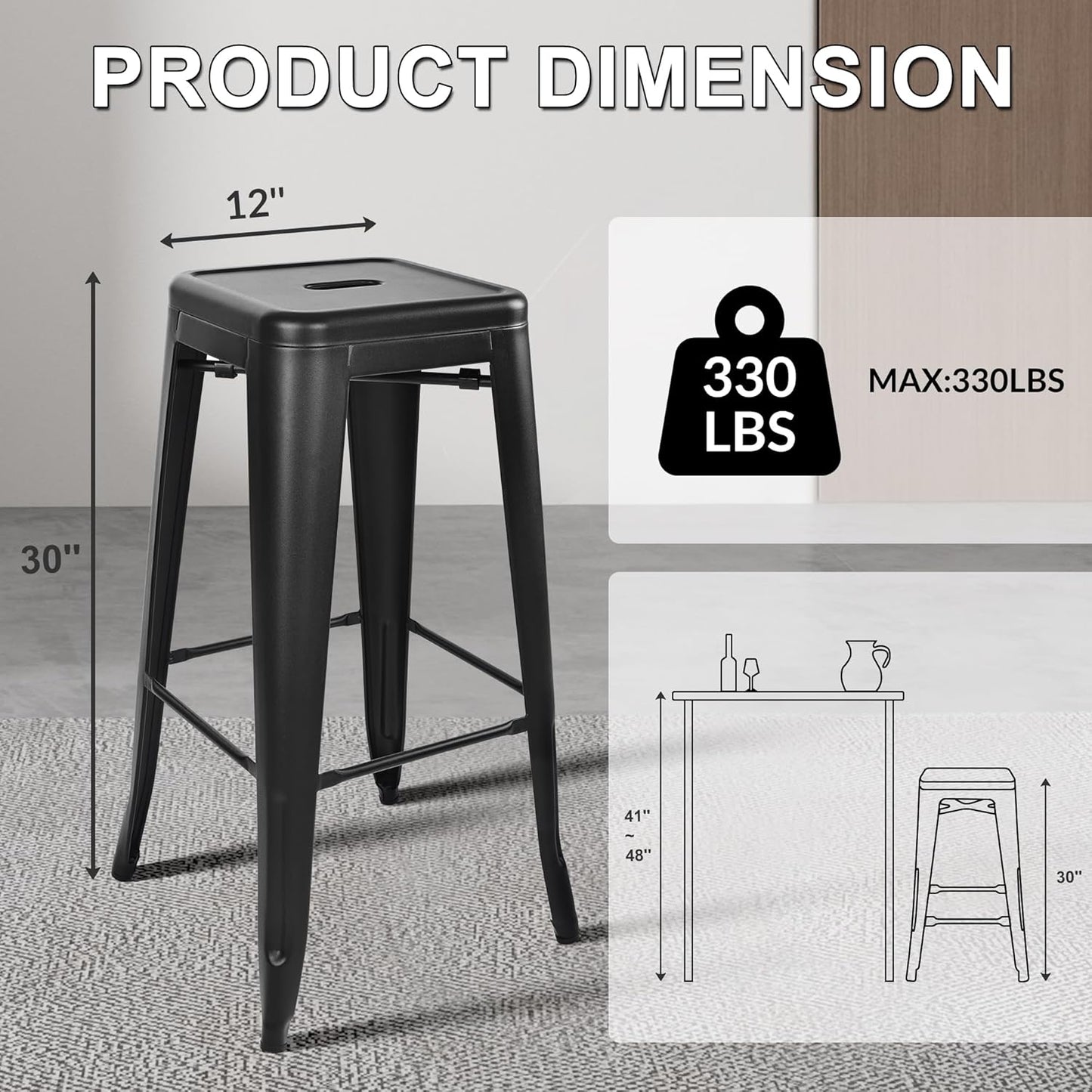 30 Inches Metal Bar Stools, High Backless Stools, Indoor Outdoor Stackable Kitchen Stools, Set of 4, Black