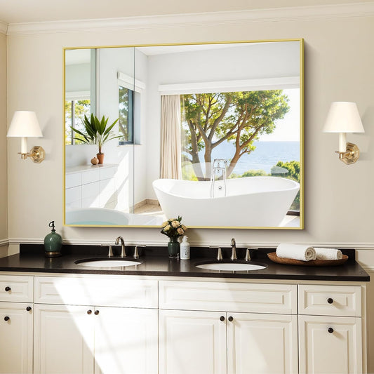 KOCUUY Gold Bathroom Mirror, 48"x36" Large Rectangular Mirror with Metal Frame, Gold Vanity Mirror with Modern Design for Bathroom, Living Room, Farmhouse, Entryway, Hang Horizontal/Vertical