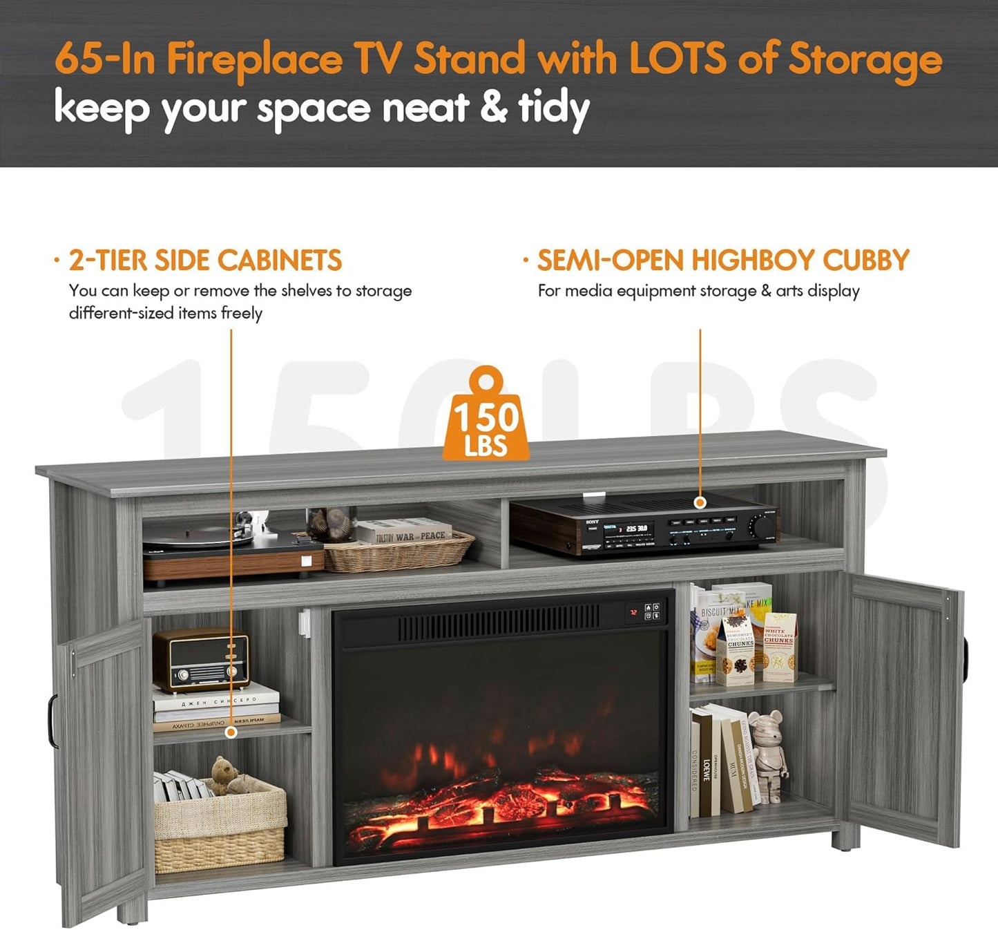YESHOMY Fireplace TV Stand for Television up to 65+ Inch with Storage and Farmhouse Barn Doors, Entertainment Center with Cabinet and Shelves, Media Console for Living Room, Gray Wash