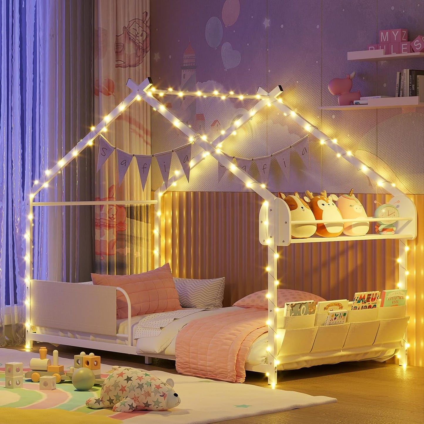 Timy House Shape Twin Size Montessori House Bed Metal Floor Bed with Storage Rack and Caddy Twin Bedframe for Kids No Box Spring Needed White