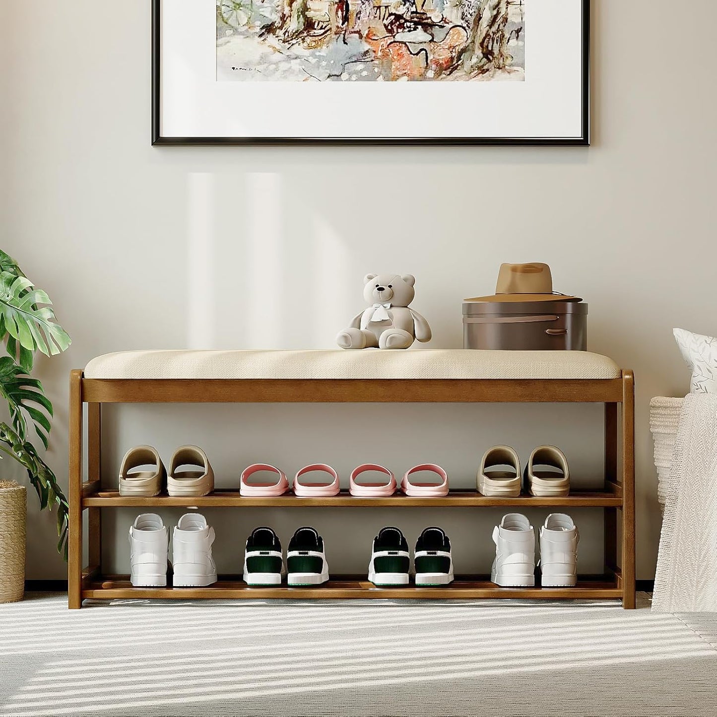 2-Tier Bamboo Shoe Bench with Cushion and Hidden Drawer, Entryway Shoe Rack Organizer with Storage for Hallway, Bedroom, Front Door, Mudroom Seating Bench, Walnut