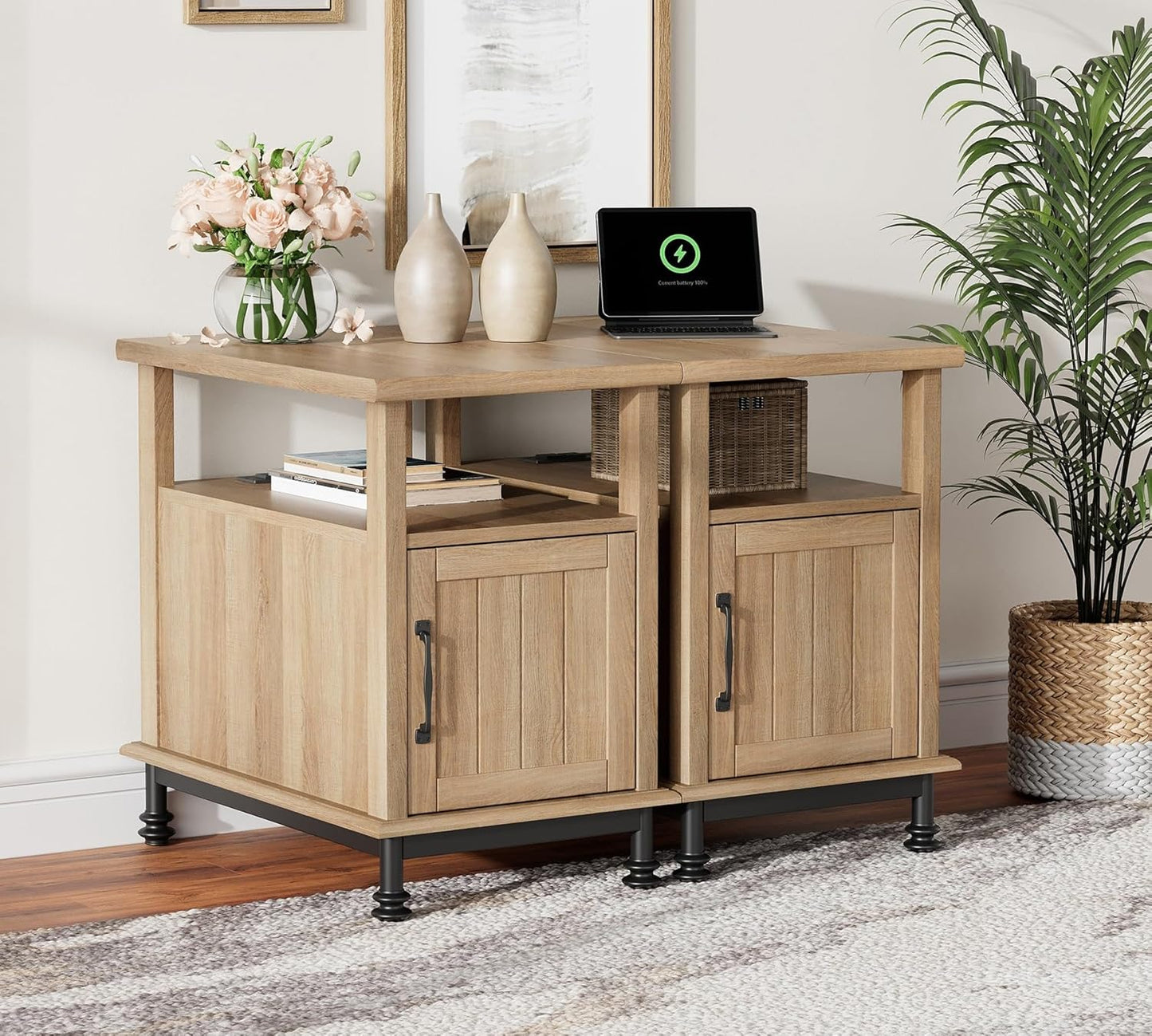 WAMPAT Set of 2 End Tables with Charging Station, Sofa Side Tables with Storage Cabinet for Living Room, Light Wood Bedside Table with Metal Leg, Nightstand for Bedroom, Oak