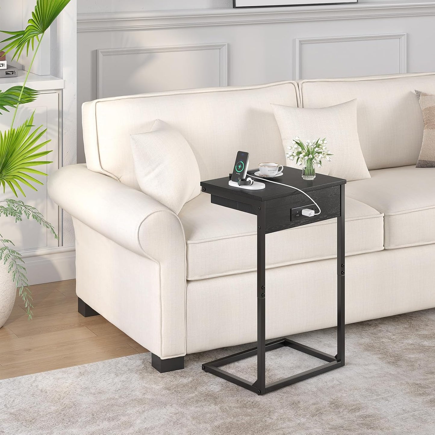 C Shaped End Table with Charging Station,45° Tiltable Adjustable Flip Top Side Table Set of 2,Small C Table Set 2 for Small Spaces,Slide Under Couch Sofa Bedside Table Living Room, Black