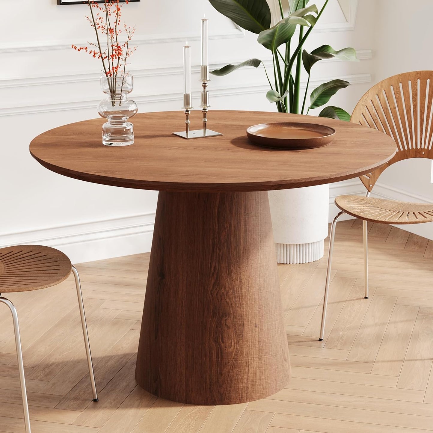 Round Dining Room Table for 4, 43'' Modern Farmhouse Kitchen Table with Round Pedestal, for Kitchen, Living Room, Cafe,Small Spaces, Apartment Walnut