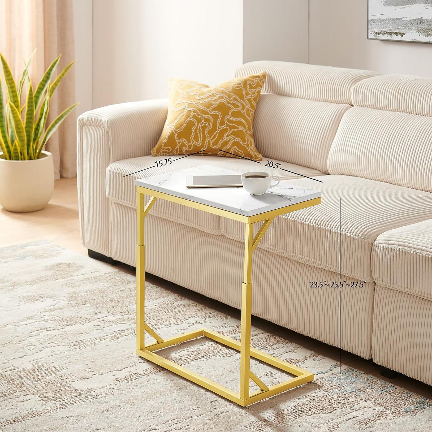C-Shaped End Table, Small Sofa Table with Metal Frame, Adjustable Height Side Table for Couch, Living Room, Bedroom, Bedside (Gold, Medium)