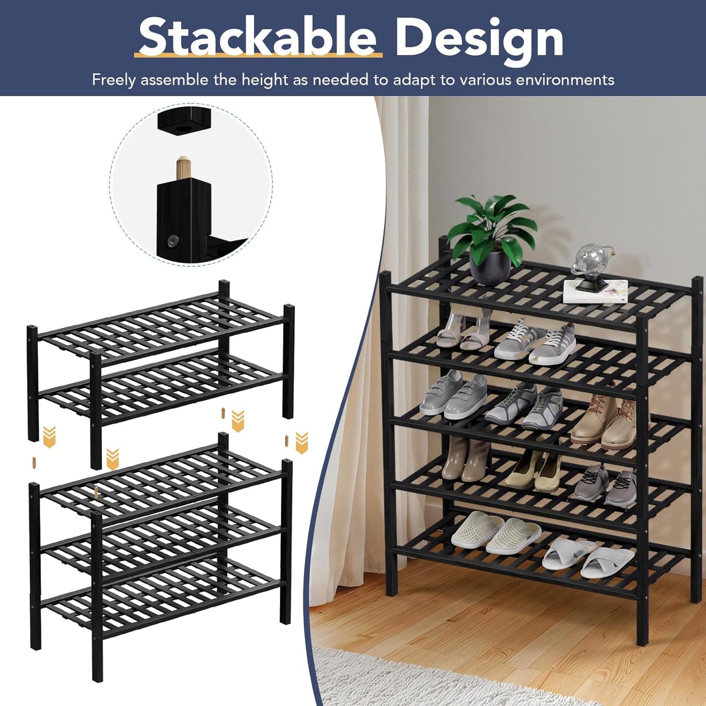 Haddockway 3 Tier Bamboo Shoe Rack Storage Organizer, Multifunctional Free Standing Stackable Shoe Shelf with Grid Panel for Closet,Hallway,Entryway,Small Space 27"x11"x20" (Black, 3 Tier)