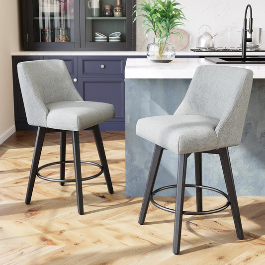 26.8 Inch Counter Height Bar Stools with Back, Swivel Bar Stools Set of 2, Modern Kitchen Barstools with Footrest, Linen Upholstered Bar Chairs, Solid Wood Legs for Island, Pub, Light Grey