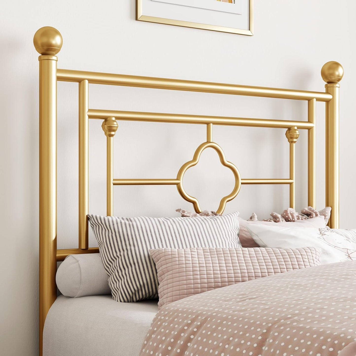 SHA CERLIN 14 Inches Twin Size Metal Platform Bed Frame/Vintage Iron-Art Headboard and Footboard/Mattress Foundation/No Box Spring Needed/Noise-Free/Easy Assembly/Gold