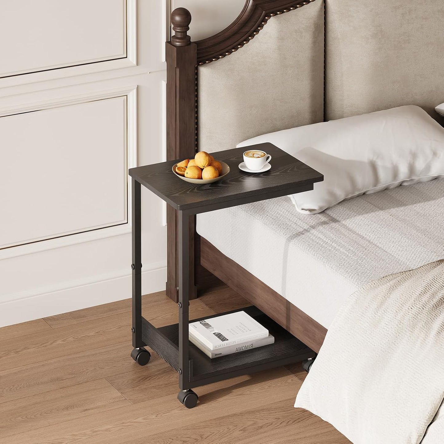 Side Table,C Table with 2-Tier Storage Shelf, End Table with Metal Frame, Sofa Table with Wheels for Living Room, Bedroom, Office, Bathroom, Easy Assembly, Black