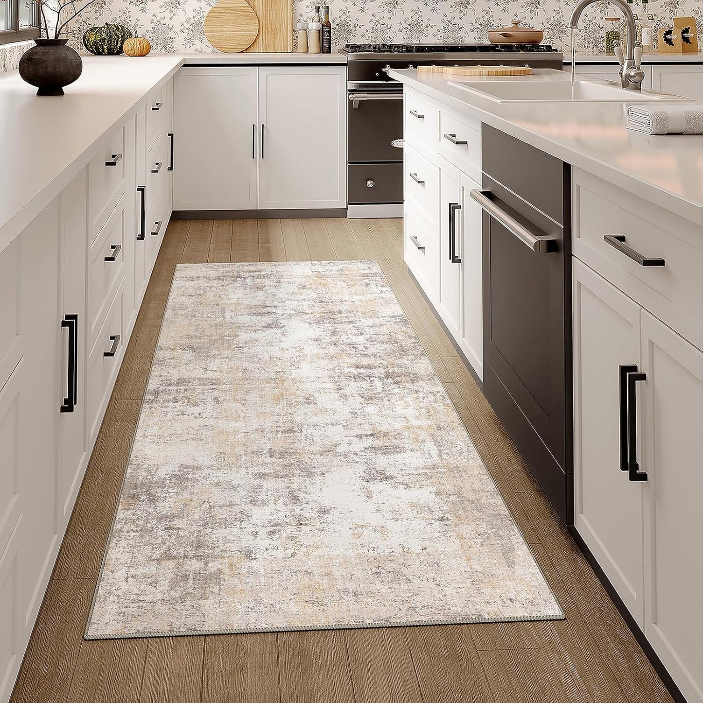 2x6 Washable Runner Rug Beige Grey Neutral Abstract Hallway Kitchen Living Room Bedroom Non Slip Throw Rug Soft Low Pile Indoor Carpet for Entrance Laundry Bathroom