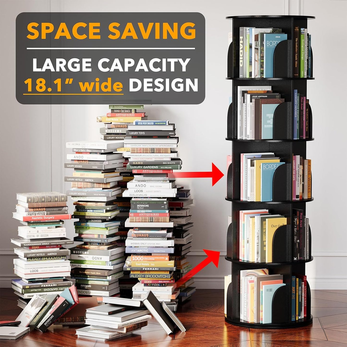 SpaceAid 5 Tier Rotating Bookshelf Tower, Spinning Bookcase Lazy Susan, Revolving 360 Book Shelf Storage Round Carousel, Vertical Rotate Turning Spiral Corner Organizer, Black