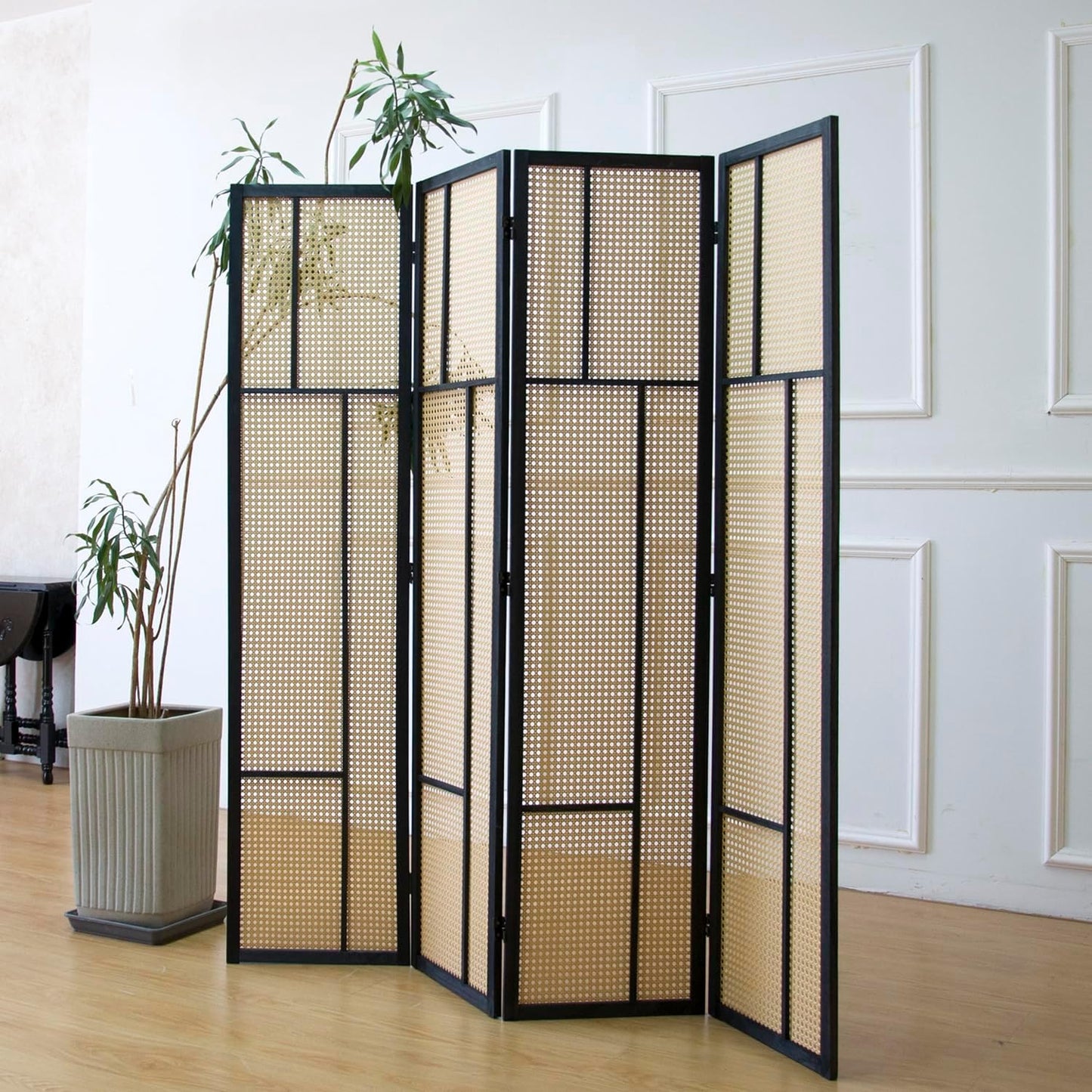 4 Panel Room Divider Screen and Folding Panel Screen,Double Sided Rattan Divider for Room Separation,Brown,67" H x 63" W