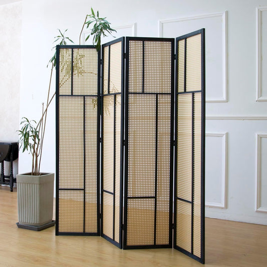4 Panel Room Divider Screen and Folding Panel Screen,Double Sided Rattan Divider for Room Separation,Brown,67" H x 63" W