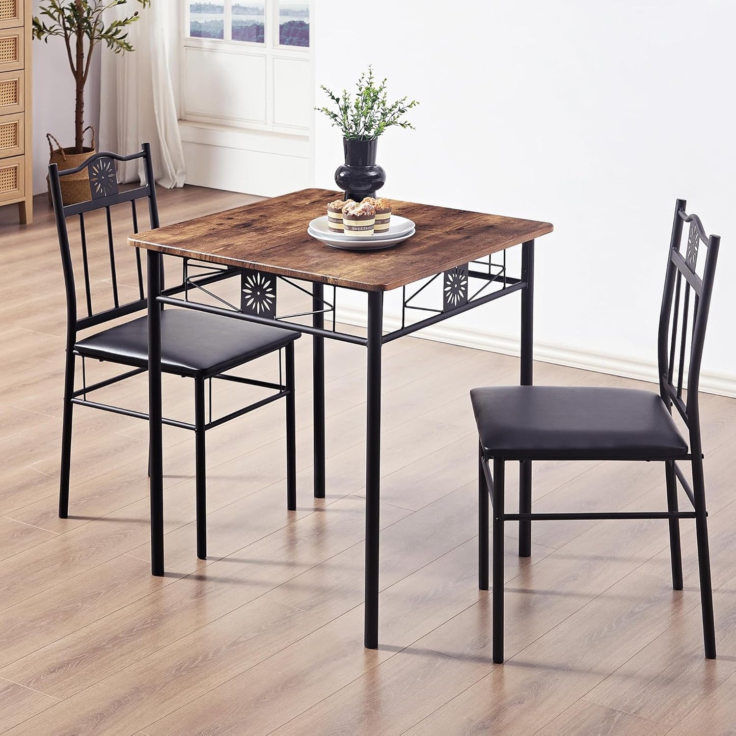 VECELO 3-Piece Small Kitchen Dining Table Set for 2, PU Padded Chairs, Easy Assembly, Brown
