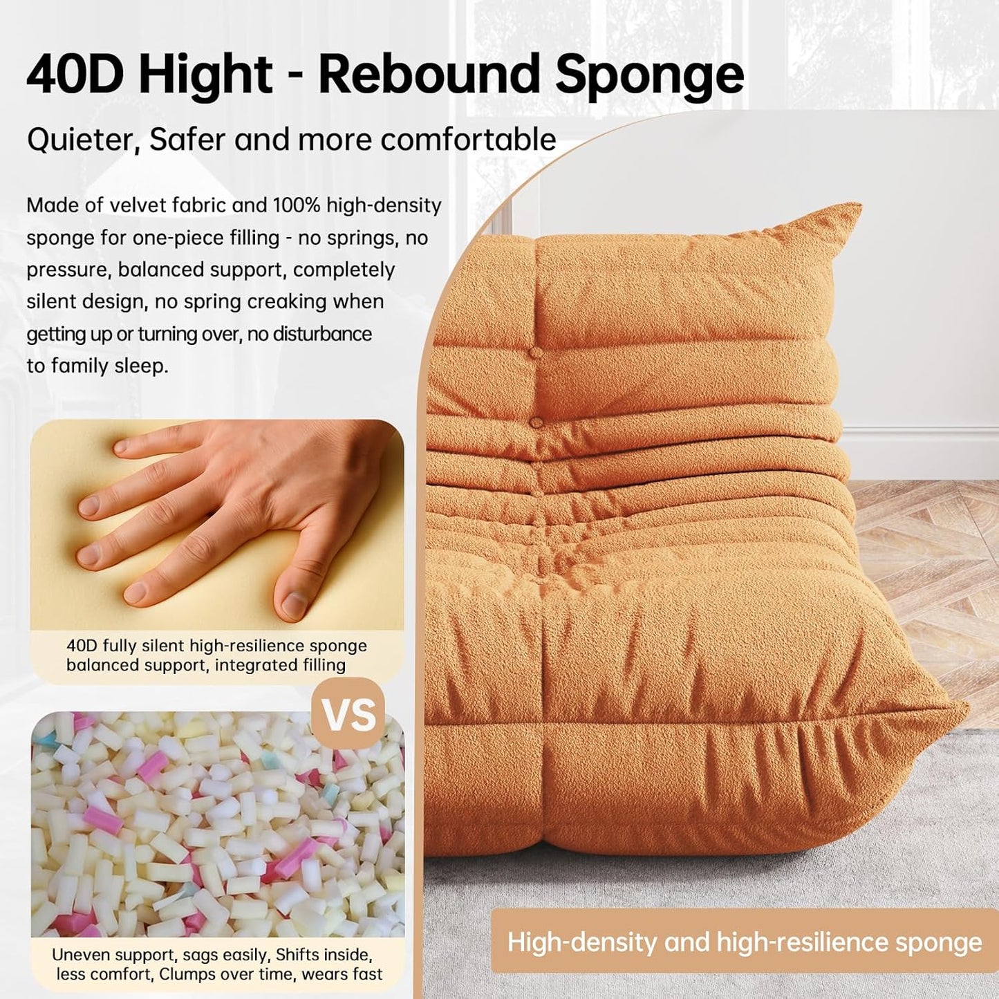 Bean Bag Chairs for Adults, BeanBag Reading Chair Memory Foam Couch, Floor Chair Soft Teddy Material, Comfy Reading Nook Chairs for Bedroom Living Room Office (Orange)