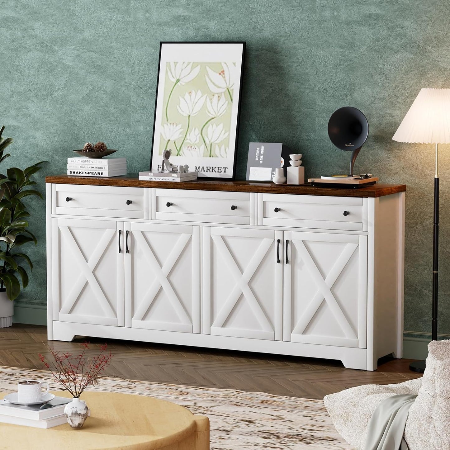 66'' Farmhouse Sideboard Buffet Cabinet with Storage, Large Kitchen Storage Cabinet with Barn Doors Drawers, Brown Coffee Bar Table for Dining Room Kitchen