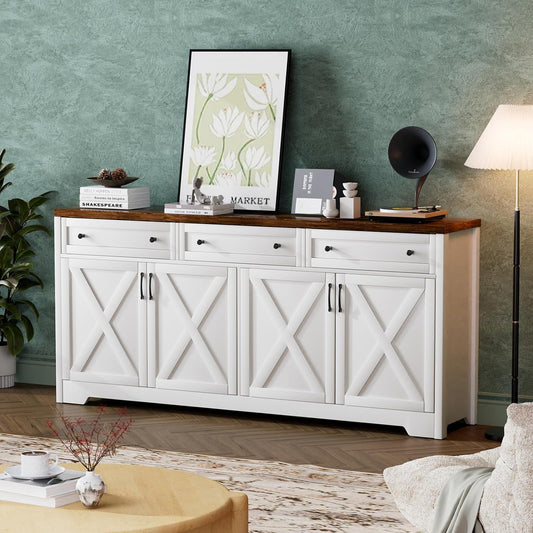 66'' Farmhouse Sideboard Buffet Cabinet with Storage, Large Kitchen Storage Cabinet with Barn Doors Drawers, Brown Coffee Bar Table for Dining Room Kitchen