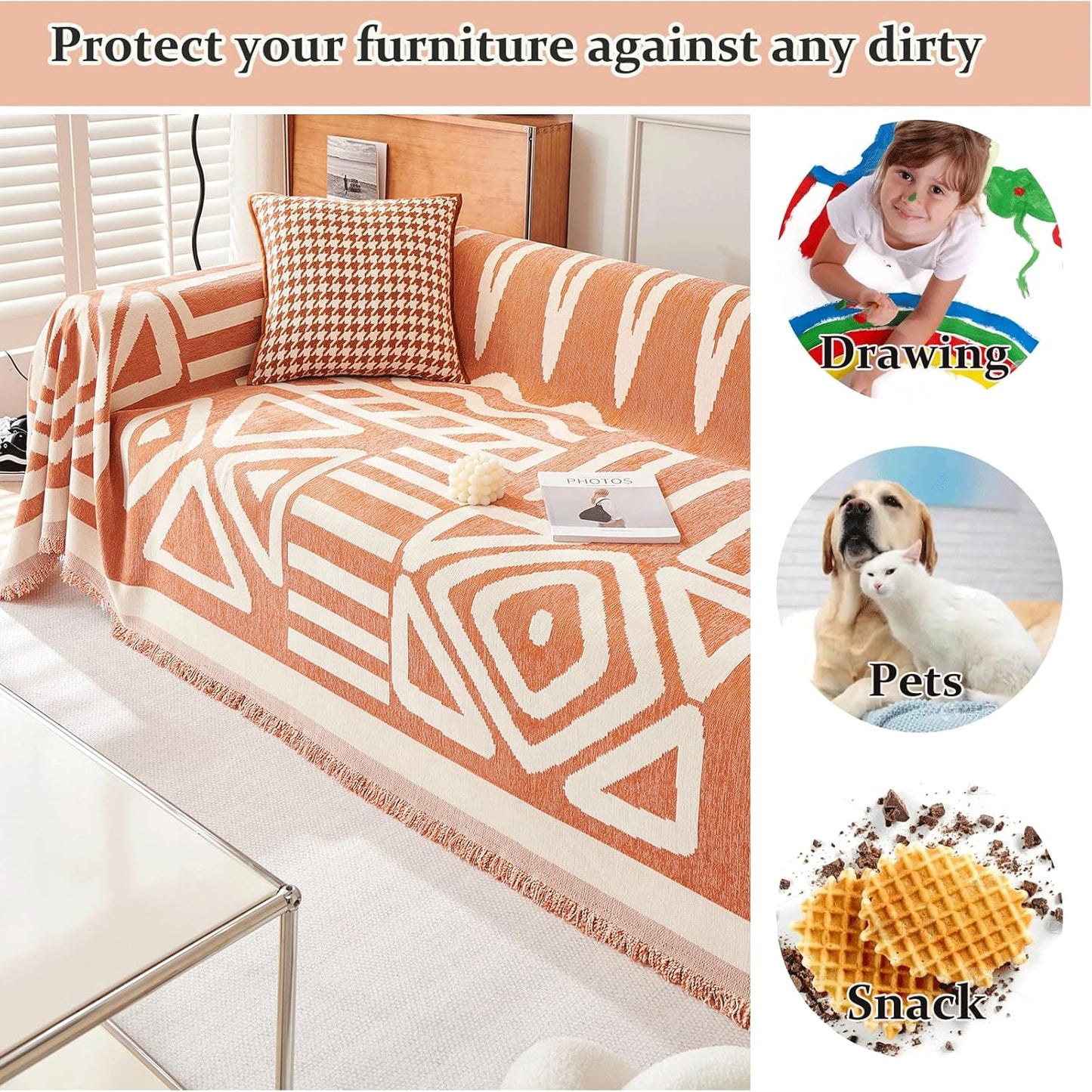 VM VOUGEMARKET Orange Sofa Cover for 3 Cushion Large Chenille Couch Cover Dog Proof Furniture Cover L Shaped Sofa Throw Cover Sectional Couch Cover-71 x 134,Burnt Orange