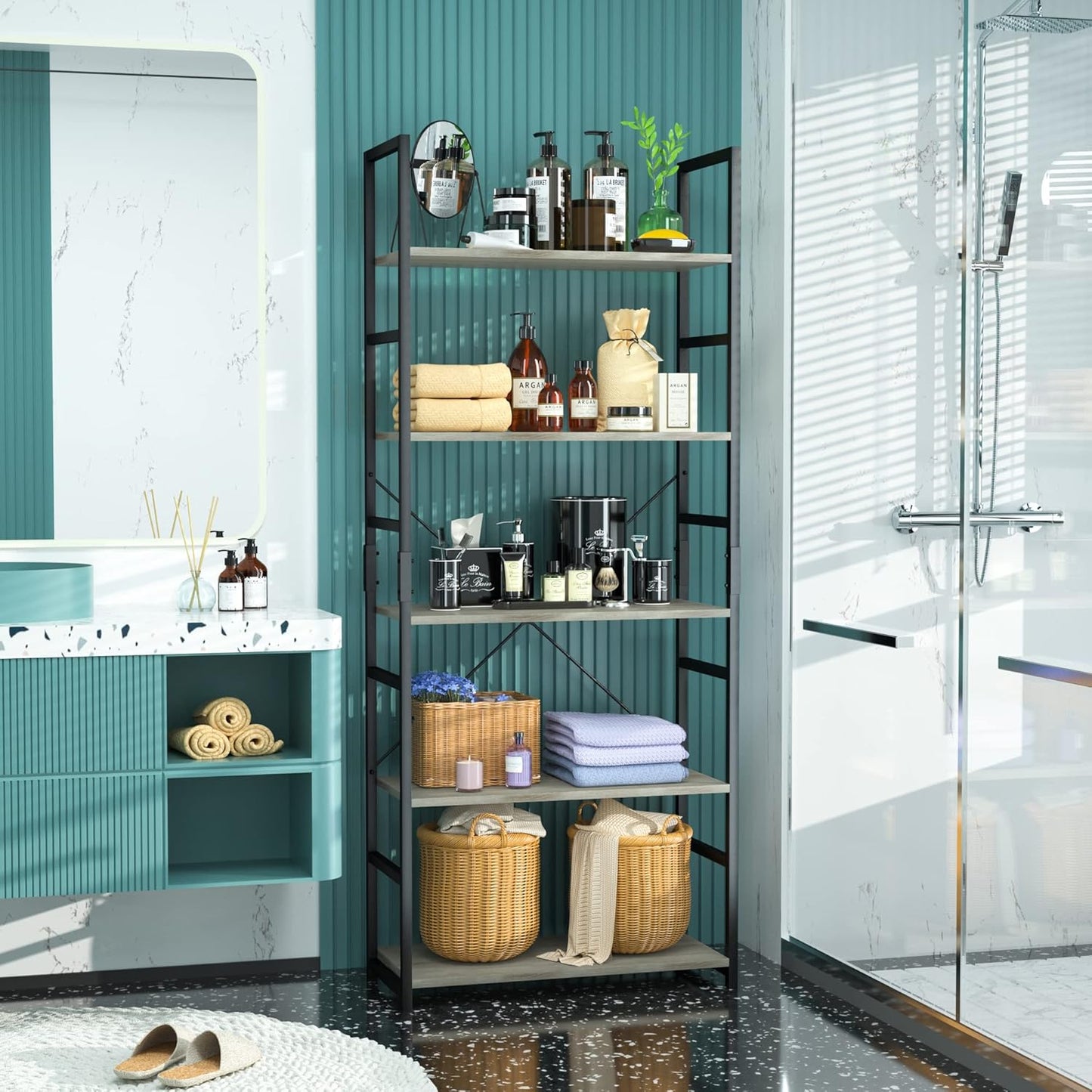 NUMENN 5 Tier Bookshelf, Tall Bookcase Shelf Storage Organizer, Modern Book Shelf for Bedroom, Living Room and Home Office, Grey