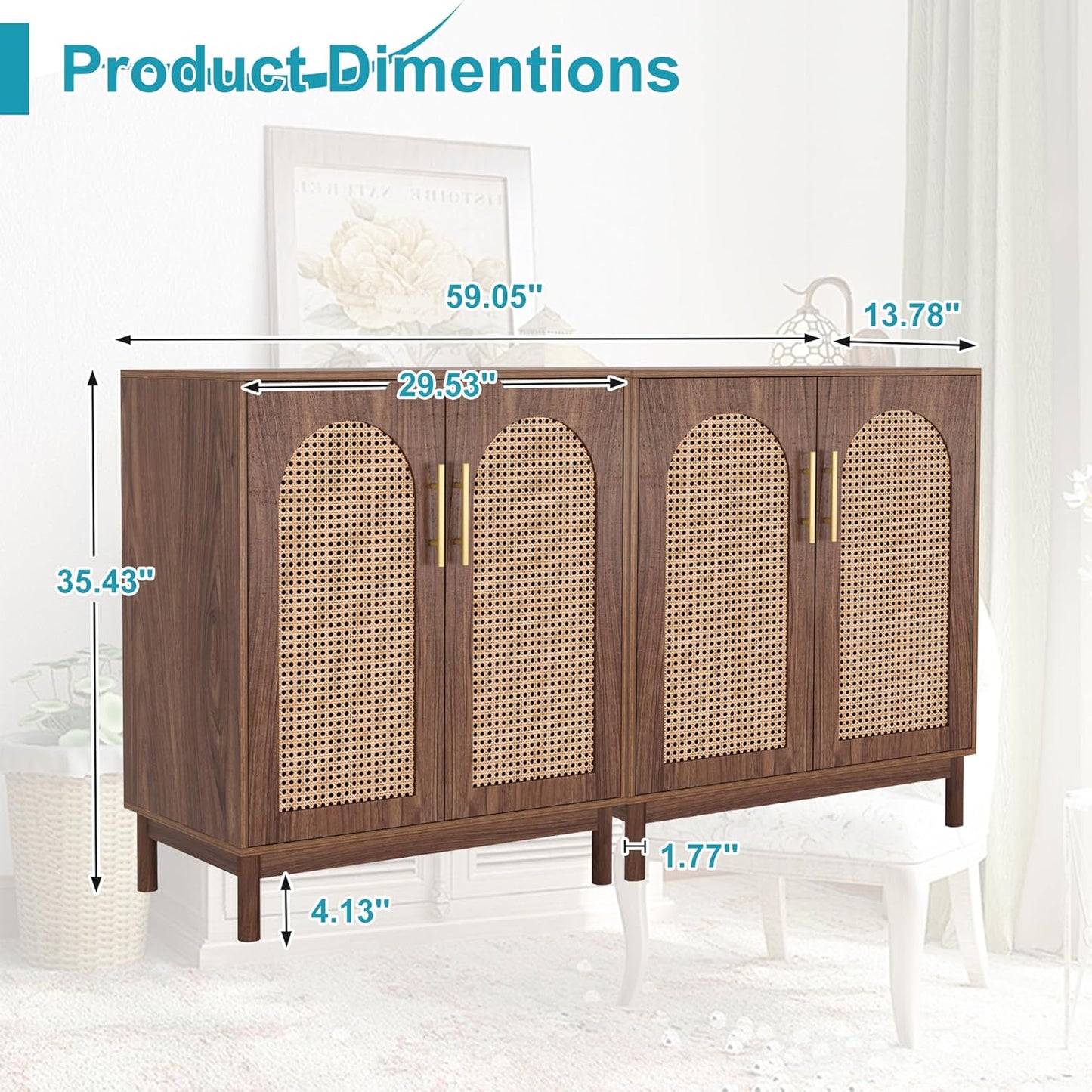 59" Sideboard Buffet Cabinet with Storage, Rattan Kitchen Buffet Storage Cabinet Set of 2, Modern Sideboard with Doors & Shelves for Living Room, Kitchen, Hallway, Dark Brown