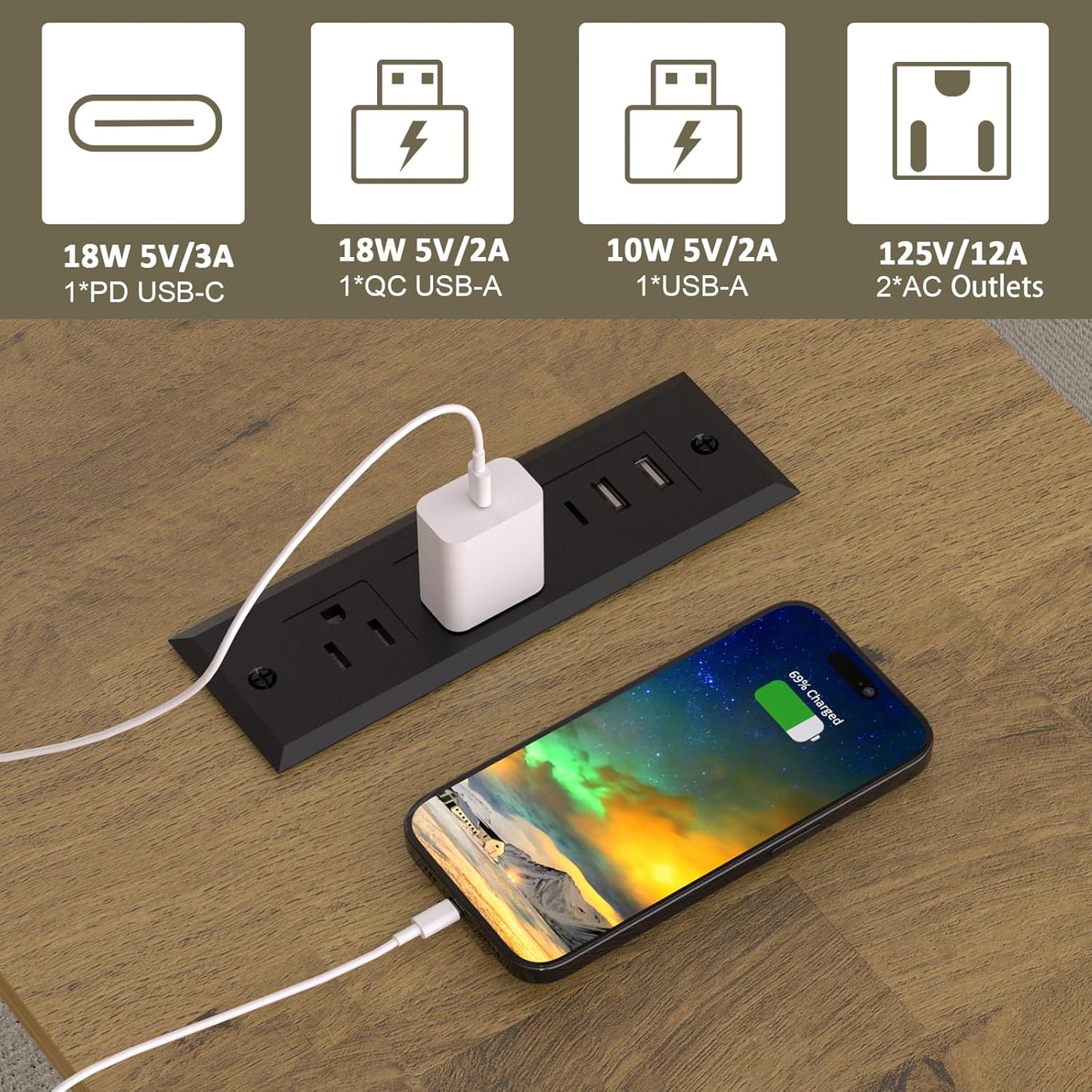 End Table with Fast USB C Charging Station, 18" Wide Sofa Side Table with 2 Drawers, Large Storage Rustic Wood Square Storage Cabinet for Living Room,Bedroom,Office, Light Brown
